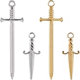 SUNNYCLUE 1 Box 16Pcs 4 Styles Real 18K Gold Plated Sword Charms Bulk Small Dagger Charms Silver Stainless Steel Knife Weapon Dangle Pendants for Jewelry Making Supplies Bookmarks Necklace Crafts DIY