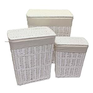 Homescapes Set de 3 cestas rectangulares de Mimbre Color Blanco para