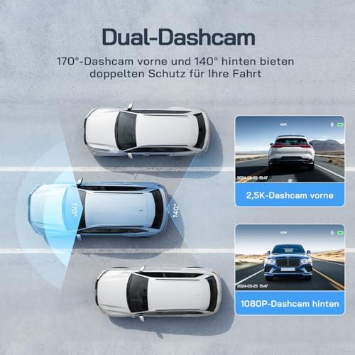 Dashcam Auto Vorne Hinten 2,5K+1080P Auto-Kamera, Ultra-Nachtsicht, 170°-Weitwinkel, WDR, 24 Std. Parkmodus, G-Sensor, Loop-Aufnahme