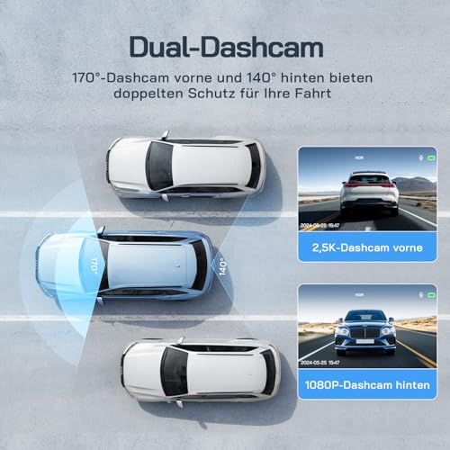 Dashcam Auto Vorne Hinten 2,5K+1080P Auto Kamera, Ultra Nachtsicht, 170°Weitwinkel, WDR, 24 Std. Parkmodus, G-Sensor, Loop-Aufnahme