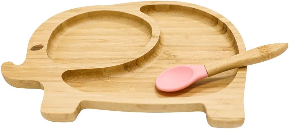 Homevibes Elephant Baby Suction Plate and Spoon Set, Silicone & Natural Bamboo Toddler Feeding Training Plate with 7 Colors (Pink)