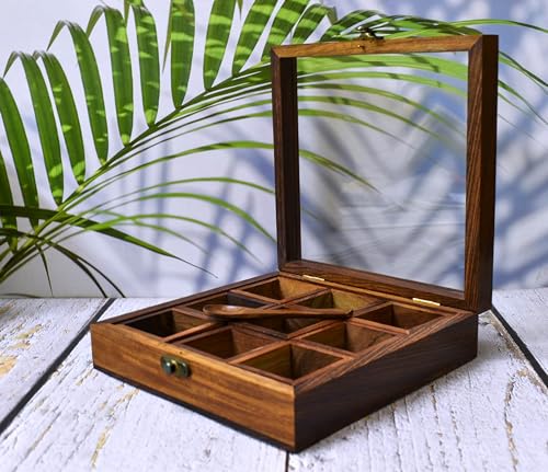 India House- Wooden Spice Box with Glass Lid – 9-Compartment Masala Dabba Organizer with Spoon – Spice Storage Container for Seasonings, Herbs – Gift for Kitchen Lovers- 9x9 inch