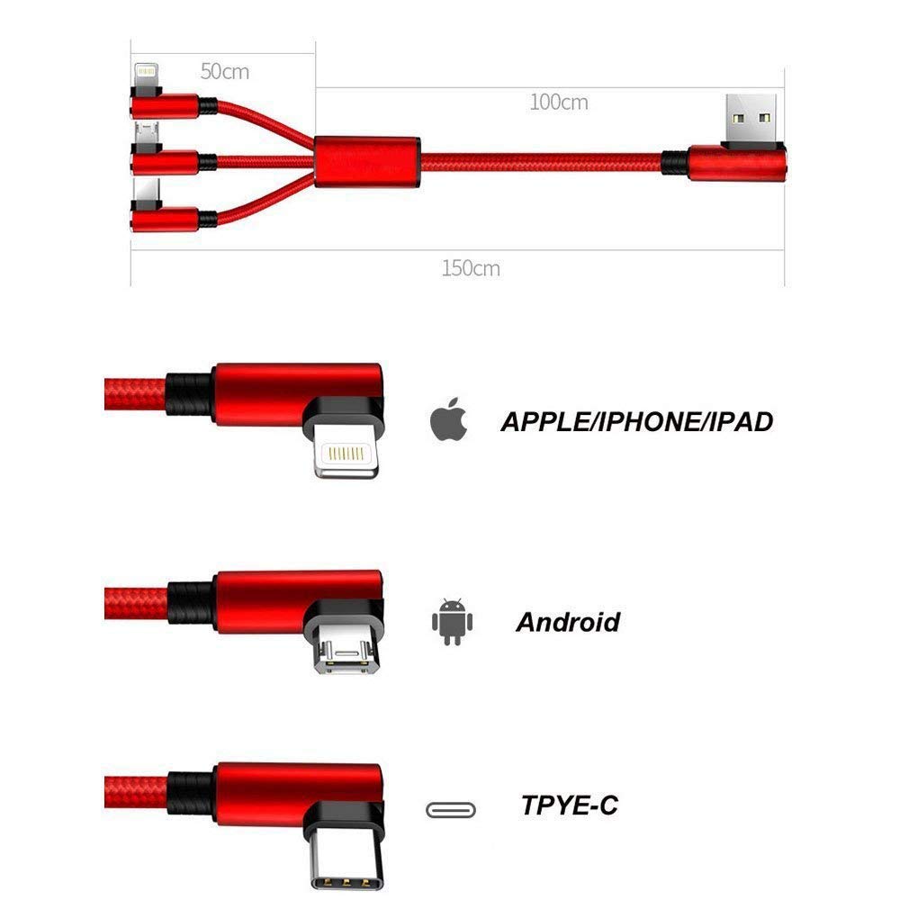 Fast USB Charger Cable[4.9FT],LYILIN 3 in 1 90 Degree iPhone Charger Cable with iPhone/Type C/Micro USB,Compatible with iPhone, iPad, Samsung S8/S8+ and More(Red)
