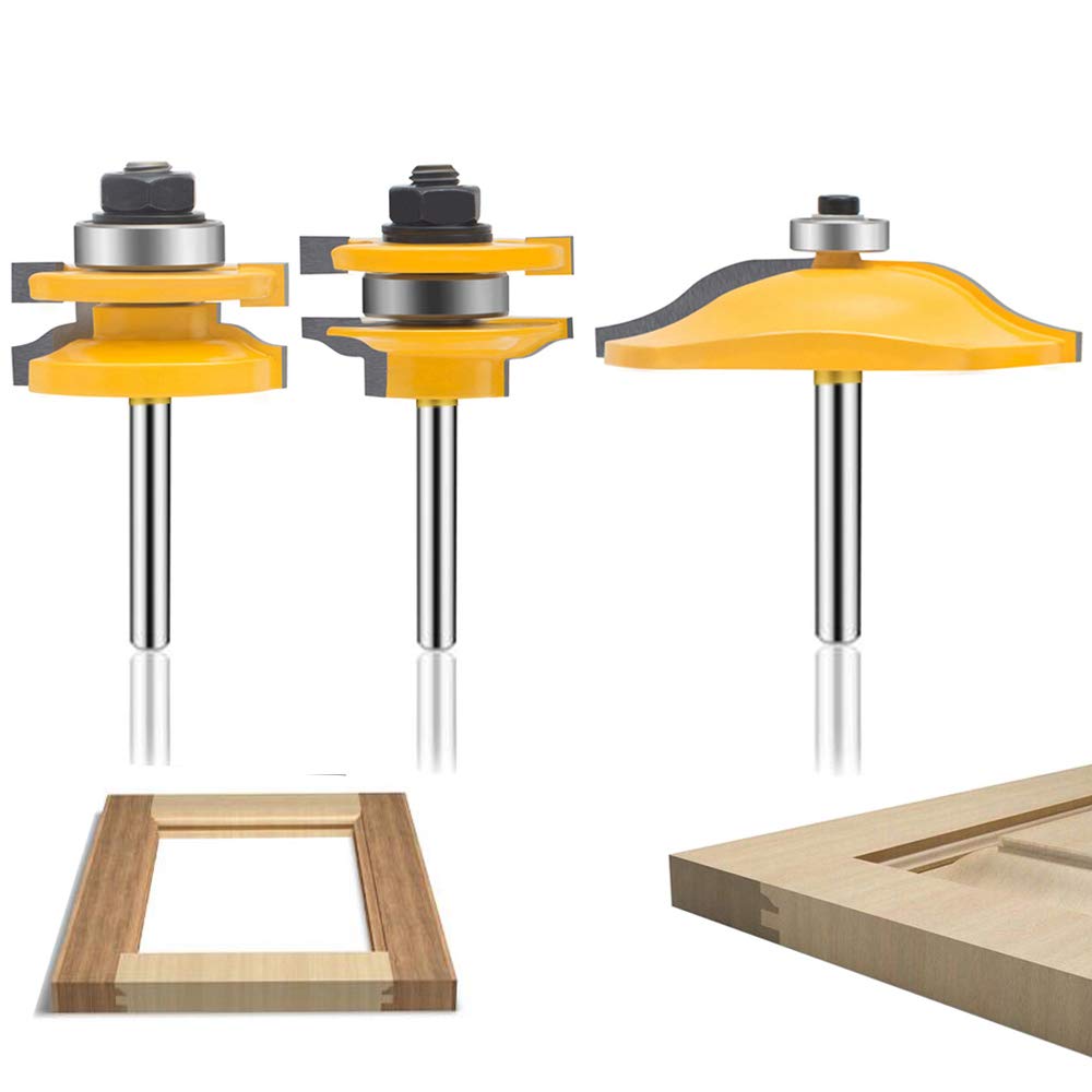 LUBEIN 3 PCS Router Bit Set 1/4-Inch Shank Round Over Raised Panel Cabinet Door Rail and Stile Router Bits, Woodworking Wood Cutter, Wood Carbide Groove Tongue Milling Tool(G1-7)