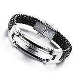 Reizteko Cross Leather Bracelet Mens Stainless Steel Braided Cuff Bangle Wrist Band 8.66 inch (Black Silver)