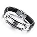 Reizteko Cross Leather Bracelet Mens Stainless Steel Braided Cuff Bangle Wrist Band 8.66 inch (Black Silver)