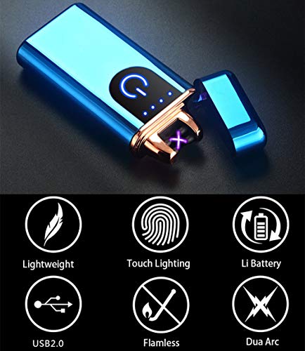 Electric Lighter, USB Rechargeable Double Arc Flameless Windproof Plasma Lighter Cool Lighter for Camping, Hunting, Backpacking,Hiking,Firestarter,Survival,EDCetc (Blue)