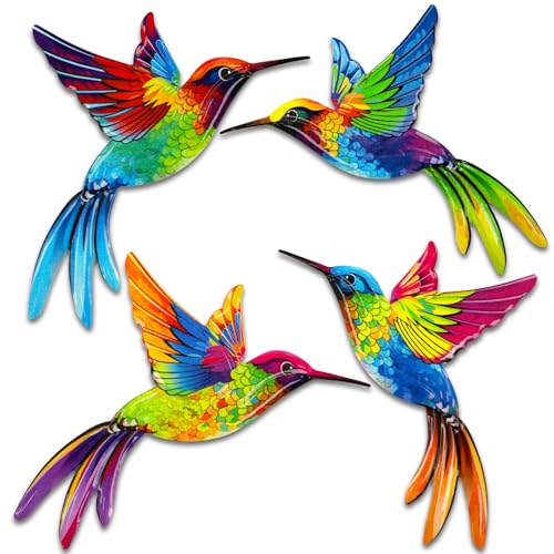 ULENDIS 4 Pack Metal Hummingbird Wall Art Decor, 3D Colorful Birds Outdoor