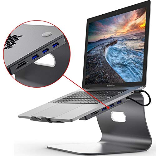 Aluminum Laptop Stand, DockCase Desk Stand for MacBook Pro Space Gray Plus USB 3.0 Hub with SD Card Reader, Ergonomic Office Laptop Holder Stand