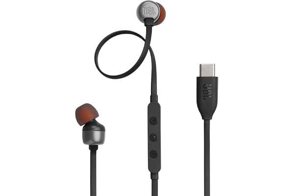 JBL Tune 310C - USB-C Wired Hi-Res in-Ear Headphones, Tangle-Free Flat Cable, 3-Button Remote with Microphone (Black)