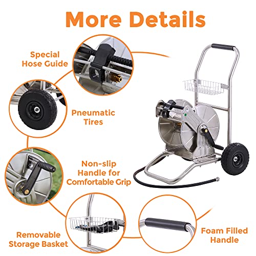 Giraffe Tools Stainless Steel Hose Reel Cart, Water Hose Cart with Hose