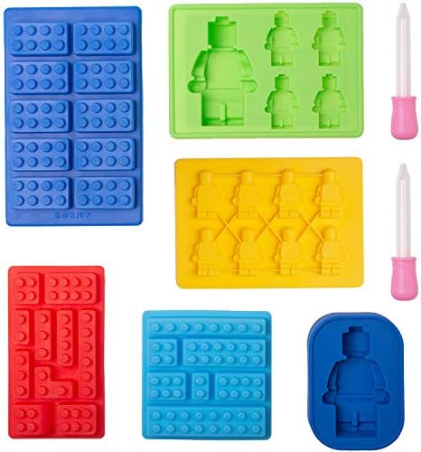 Xieda 6 Pieces Building Block Trays Tools Robot Silicone Trays Ice Cube Tray Candy Chocolate Trays with 2 Droppers for Kids Party Cake Decoration