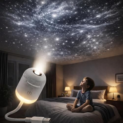2-in-1 Starry Night Light Projector, Starry Night Light Projector with Multiple Projection Films, USB Powered and Portable Galaxy Projector for Bedroom, Warm and Soft Light (White)