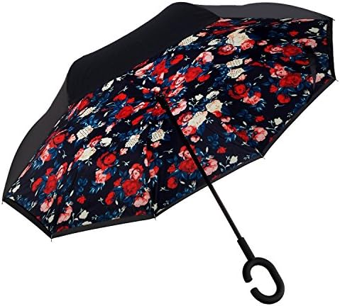 Style Homez Innovative Double Layer UV Coated Inverted Reversible Large Black Umbrella, 125 cm Multicolor Floral