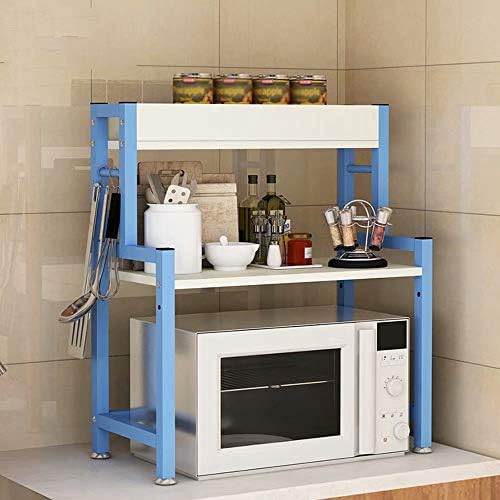 Item shelf Kitchen microwave racks countertop wall-mounted 2-layer oven rack kitchen racks double-layer spice rack storage rack (Color: Blue-white)