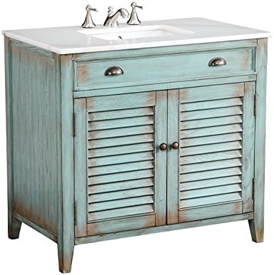 MODETTI Palm Beach 36 in. Cottage Beach Distressed Look Bathroom Sink Vanity Cabinet in Blue with Crystal White Marble Counter Top, 36", NEW