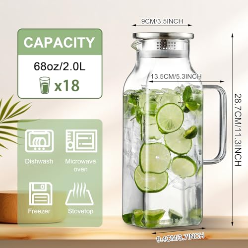 Litrue Glass Carafe 2 Litres, Water Carafe with Lid, Carafe Glass for Fridge Door, Water Jug Square for Cold Hot Water Iced Tea Wine Juice Tea Milk DIY Drinks (with Cup Brush)
