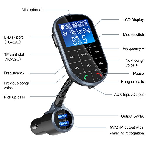 Bluetooth FM Transmitter for Car, Frienda Wireless Radio Adapter Car Kit with Hand-Free Calling, 5V/3.4A Dual USB Ports, On Off Button, A2DP Aux Input/Output TF Card and USB MP3 Player