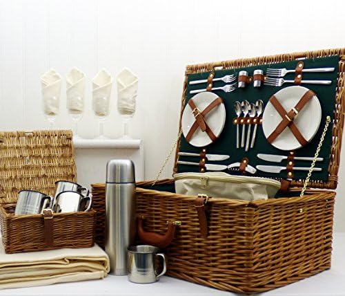 Regal 4 Person Wicker Picnic Basket Set with Cream Fleece Blanket - Gift ideas for Mom, him, her, Birthday, Wedding, Anniversary, Corporate, Business, Thank you, Mothers Day, Family, Vacation, Teacher