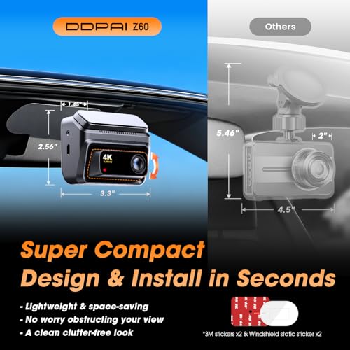 DDPAI Dash Cam for Cars, 4K+1080P Front and Rear Dashcam, Dual HDR Dash Camera, 5G WiFi6, 2K/60FPS, 3" IPS, GPS, AI ISP Night Vision, 24H Parking Monitor, ADAS, G-Sensor, Max Support 512G, Z60 2026