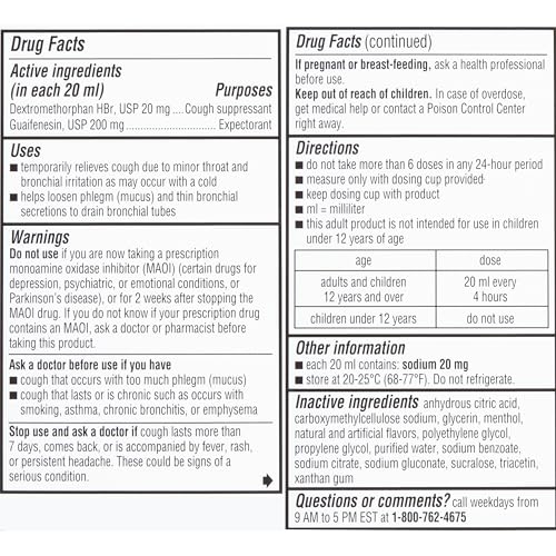 ROBITUSSIN SUGAR FREE COUGH + CHEST CONGESTION DM, COUGH AND CONGESTION MEDICINE, MINT FLAVOR – 4 FL OZ