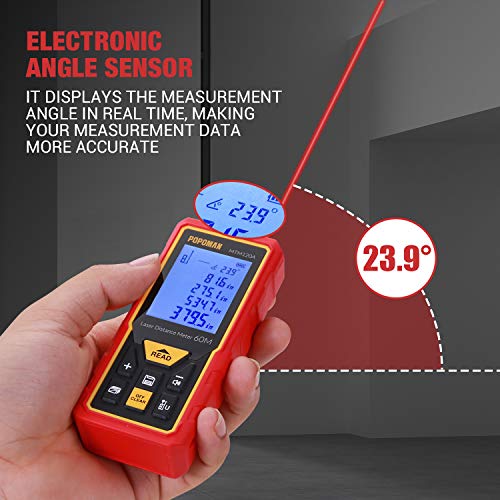 Advanced Laser Measure 196Ft POPOMAN, M/In/Ft Mute Laser Distance Meter with Electronic Angle Sensor and Backlit LCD, Measure Distance, Area and Volume - Carry Pouch and Battery Included - MTM120A