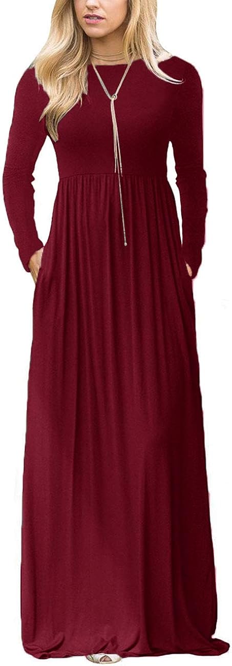 MEROKEETY Women's Plaid Long Sleeve Empire Waist Full Length Maxi Dress with Pockets