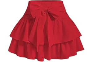 BEAUDRM Women's Bow Front Mini Skirt High Shirred Waist Layered Ruffle Hem Short Cake Skirts