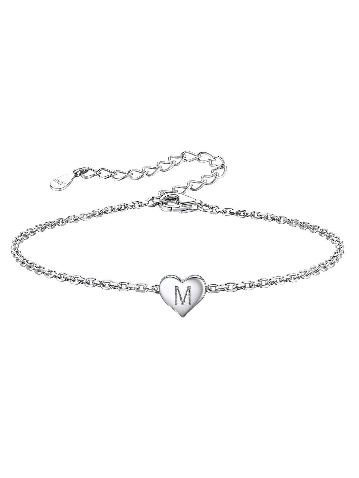 Silvora S925 Sterling Silver Bracelet for Women Heart Initial Letter M Adjustable Love Jewellery Gift for Girls Sisters Friends Mum Daughter Birthday with Gift Box