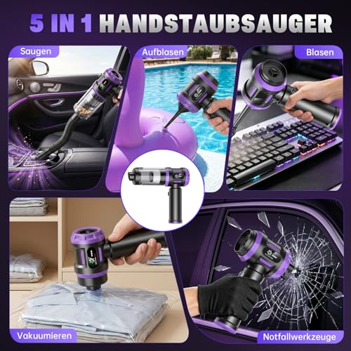 Handstaubsauger Akku 27000Pa mit LED-Display, 5-in-1 Kabelloser Autosauger Stark ,Bürstenloser Motor 220000 RPM,3 Stufen Mini Staubsauger mit HEPA-Filter,12 Zubehör für Auto,PC,Sofa,Tierhaare,Notfall