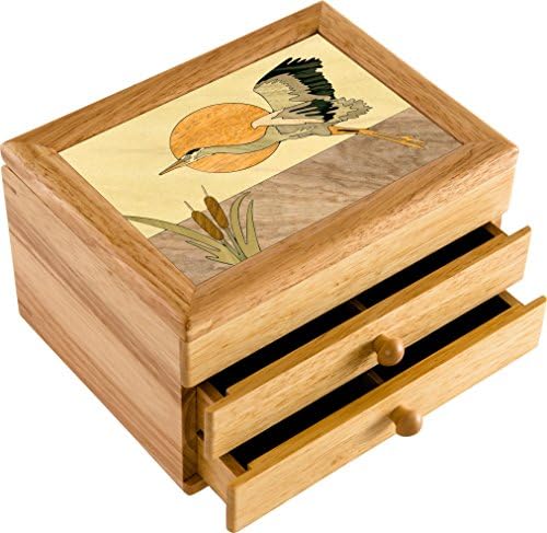 Wood Art Heron Box - Handmade USA - Unmatched Quality - Unique, No Two are the Same - Original Work of Wood Art. A Bird Gift, Ring, Trinket or Wood Jewelry Box (#6147 Heron Flying 2 Drawer)