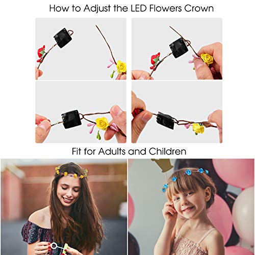 LED Flower Crowns Lights Hair, JUSTDOLIFE 14 Pack LED Flower Wreath Headband with Light-Up Fiber Luminous Butterfly Flash Braid Hairpin for Girls Bar Party Wedding Holiday
