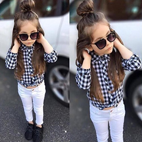 FEITONG Toddler Kids Baby Girl Plaid Tops+Demin Pants, 2Pcs Outfits Clothes Set (2Years, White)