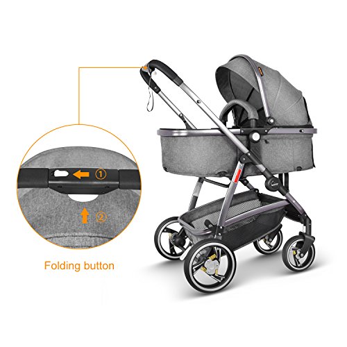 Besrey Pram Baby 2 in 1 Carriage with Convertible Reversible Bassinet & Shock Absorber for Infant Newborn Sit and Sleep Stroller - Gray