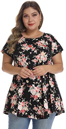 MONNURO Womens Short Sleeve Casual Loose Fit Flare Swing Tunic Tops Basic T-Shirt Plus Size