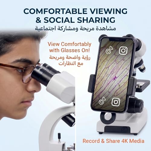 SELFIE CAT Professional Binocular Compound Microscope, 200X-5000X High Magnification, Educational Biological Microscope with Smartphone Adapter and LED Light, for Students Hobbyists