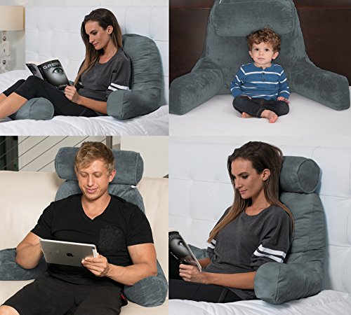 Husband Pillow XXL - Reading Pillow Bed Chair with Arms & Back Support - Dark Grey - Back Pillow for Sitting Up - Bed Rest Arm Pillow - Comfy Reading Pillow for Adults