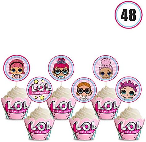 48 LOL Cupcake Toppers & Liners Set, Cake Decorations Topper Wrapper for Girl Theme Birthday Party