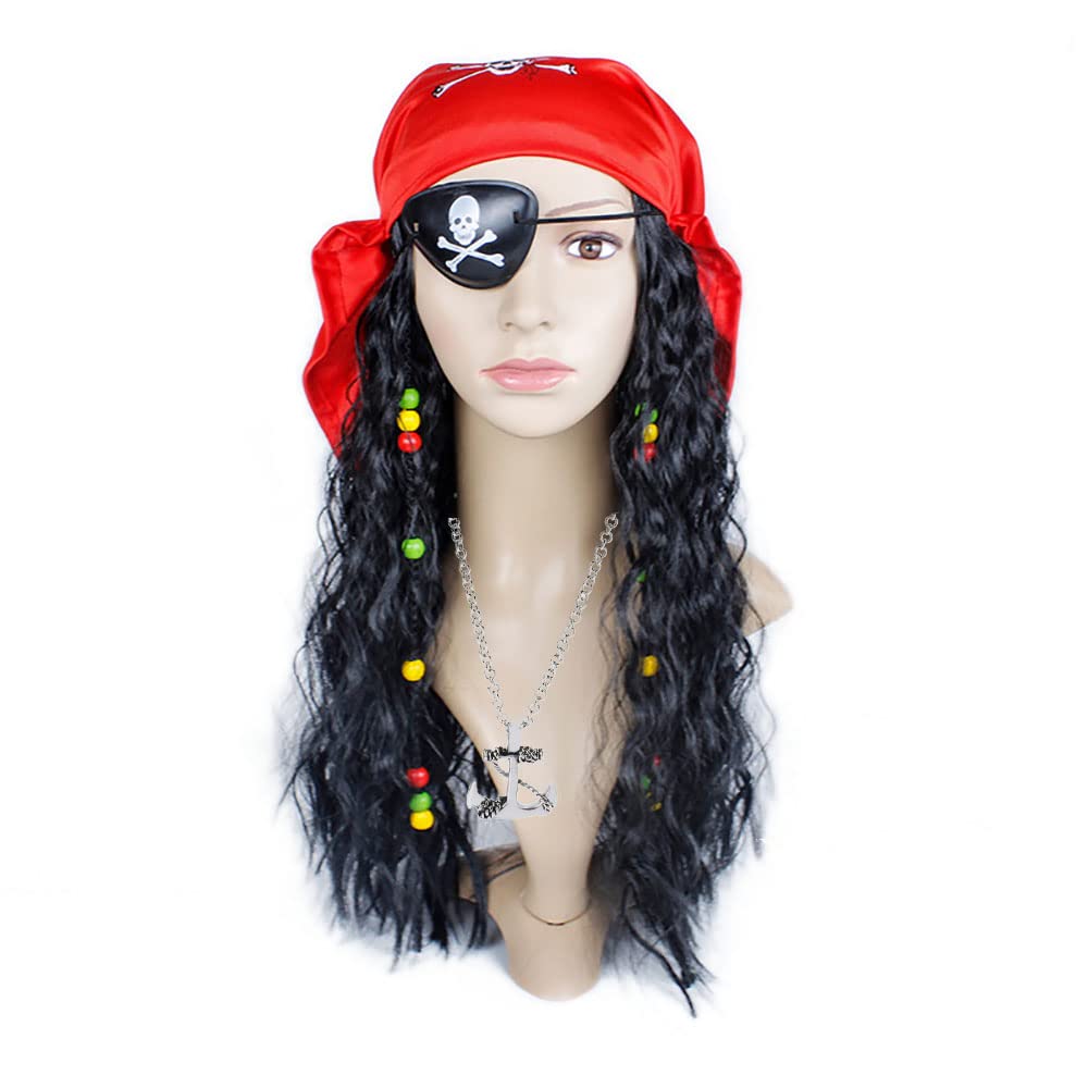 ZJstyle 4-Pc Pirate Costume Accessory Set: Wig, Eye Patches, Skull Crossbones, Red Scarf, Vintage Necklace for Kids & Adults
