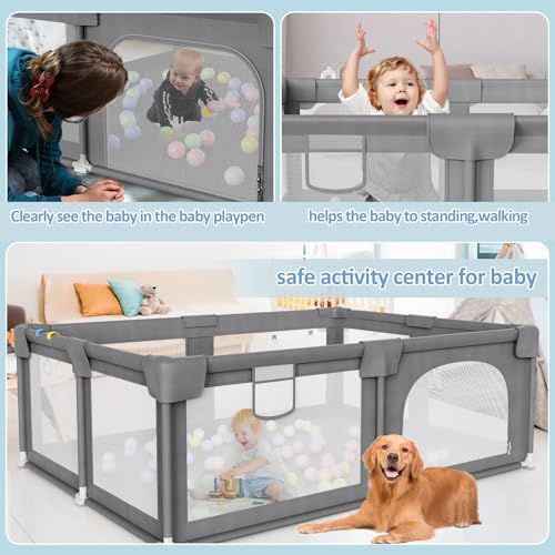Palopalo Baby Playpen, 70"x59" Extra Large Playard for Babies and Toddlers, Non-Foldable and Big Baby Activity Center, Infants Play Pen with Gate and Soft Breathable Mesh, Ideal for First-time Mom