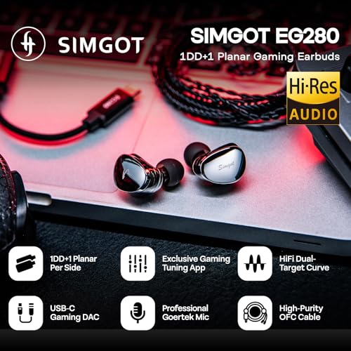 Linsoul SIMGOT EG280 In Ear Monitor, 1DD+1Planar HiFi IEM Gaming Headphones with Microphone, Detachable OFC Cable 1.7m with 2pin with USB-C Adapter, for FPS Games and Audiophile Musicians