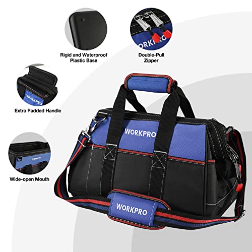 WORKPRO 16-inch Wide Mouth Tool Bag for Men, Heavy Duty Cloth Tool Storage Bag with Water Proof Molded Base, Adjustable Shoulder Strap