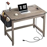 EnHomee Wood Small Desk with Storage Bag, Computer Desk with Power Outlet, Home Office Desks, Study Desks for Bedroom, 32.1",