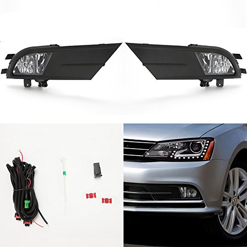 LEDIN for 2015 2016 Volkswagen Jetta Clear Lens Fog Lights Set with Wire Harness + Bezel + Switch + Bulbs