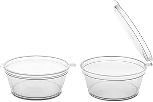 Party Essentials Leak Proof Plastic Condiment Souffle Containers with Attached Airtight Portion Cup with Hinged Lid for Sauces, Samples, Slime, Jello Shot, Storage, Craft, 100 Sets, 2 oz, Clear