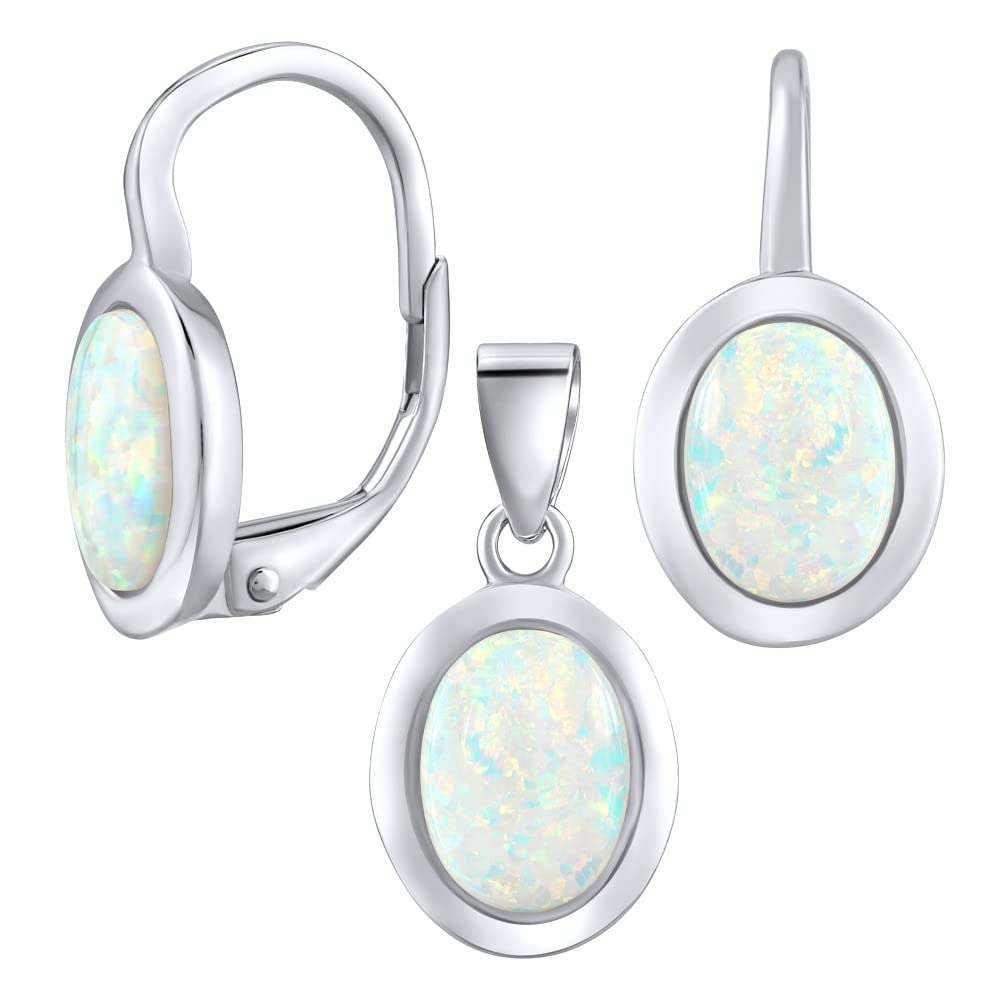 SILVEGO Ladies 925 Sterling Silver Oval Synthetic White Opal Earrings and Pendant Jewellery Set, Sterling Silver, Opal
