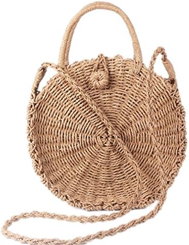 Firstider Woven Round Handbag Vintage Retro Straw Rope Knitted Messenger Bag Khaki with Button small