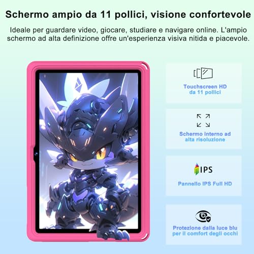 Dghrti 2026 Android 15 Tablet with EVA Silicone Protective Case, 24GB+256GB/2TB, Kids Tablet 11 Inch Octa-Core, Gemini AI/Widevine L1, 8000 mAh, 13MP+5MP, Metal Body, Large-Rose Tablet