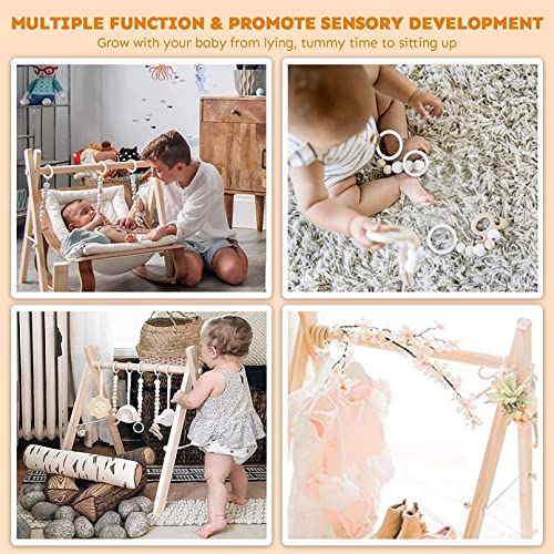 AM ANNA Wooden Baby Gym with 6 Wooden Baby Gym Hanging Toys, Foldable Wooden Activity Baby Play Gym Hanging Bar Newborn Gift Baby Girl and Boy Gym (Natural Color with 6 Hanging Toys)