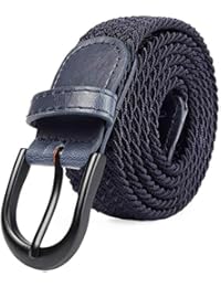 Braided Stretch Elastic Belt Pin Oval Solid Black Buckle Leather Loop End Tip Men/Women/Junior (Navy, Large 36